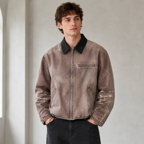 Custom Bomber Jacket in Washed Brown Canvas with Contrast Collar