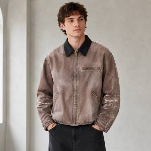 Custom Bomber Jacket in Washed Brown Canvas with Contrast Collar