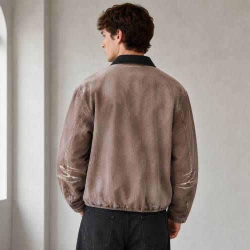 Custom Bomber Jacket in Washed Brown Canvas with Contrast Collar