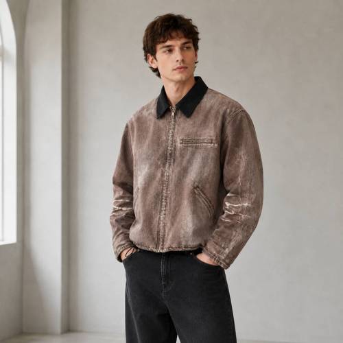 Custom Bomber Jacket in Washed Brown Canvas with Contrast Collar
