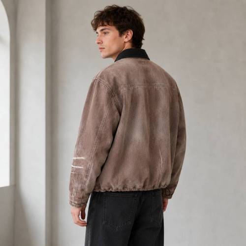 Custom Bomber Jacket in Washed Brown Canvas with Contrast Collar
