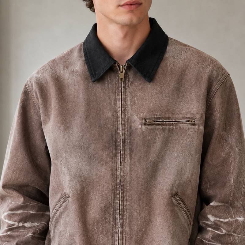 Custom Bomber Jacket in Washed Brown Canvas with Contrast Collar