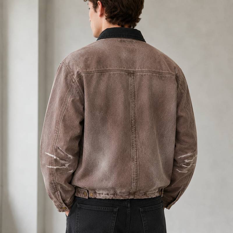 Custom Bomber Jacket in Washed Brown Canvas with Contrast Collar