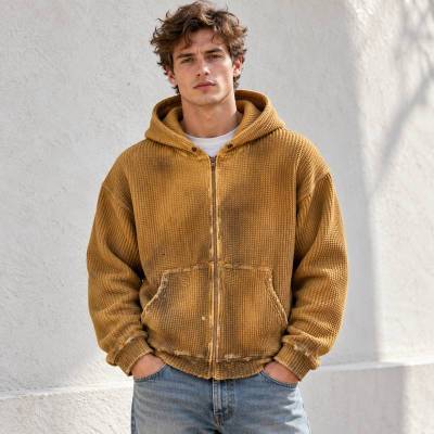 Custom Zip Up Hoodie in Mustard Waffle Knit with Washed Finish