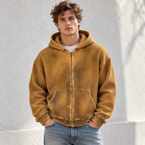 Custom Zip Up Hoodie in Mustard Waffle Knit with Washed Finish