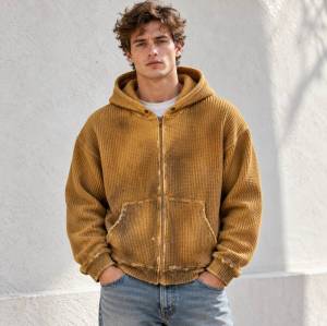 Custom Zip Up Hoodie in Mustard Waffle Knit with Washed Finish