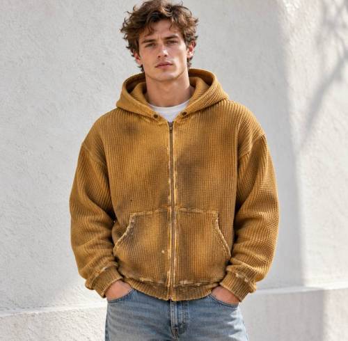 Custom Zip Up Hoodie in Mustard Waffle Knit with Washed Finish