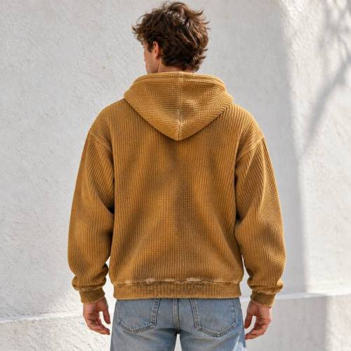 Custom Zip Up Hoodie in Mustard Waffle Knit with Washed Finish