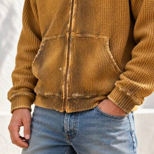 Custom Zip Up Hoodie in Mustard Waffle Knit with Washed Finish