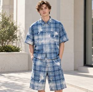 Custom Shorts Set in Washed Blue Plaid with Matching Shirt