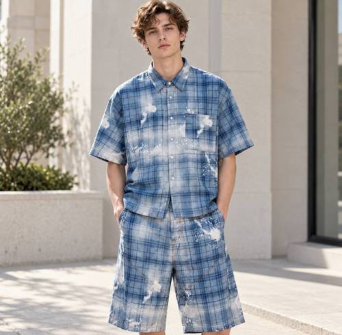 Custom Shorts Set in Washed Blue Plaid with Matching Shirt
