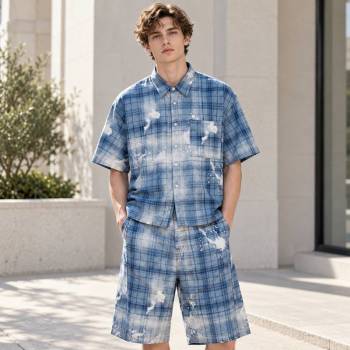 Custom Shorts Set in Washed Blue Plaid with Matching Shirt