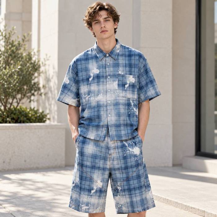Custom Shorts Set in Washed Blue Plaid with Matching Shirt