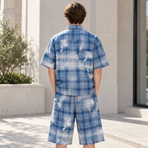 Custom Shorts Set in Washed Blue Plaid with Matching Shirt