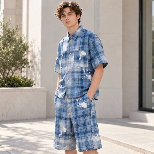 Custom Shorts Set in Washed Blue Plaid with Matching Shirt