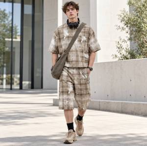 Custom Shorts Set in Washed Khaki Plaid with Matching Shirt