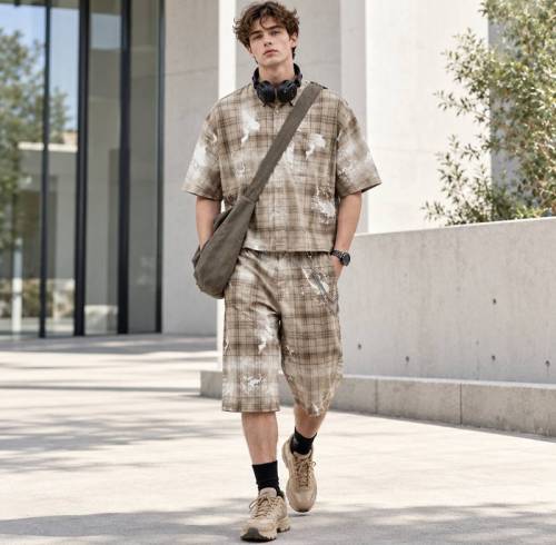 Custom Shorts Set in Washed Khaki Plaid with Matching Shirt