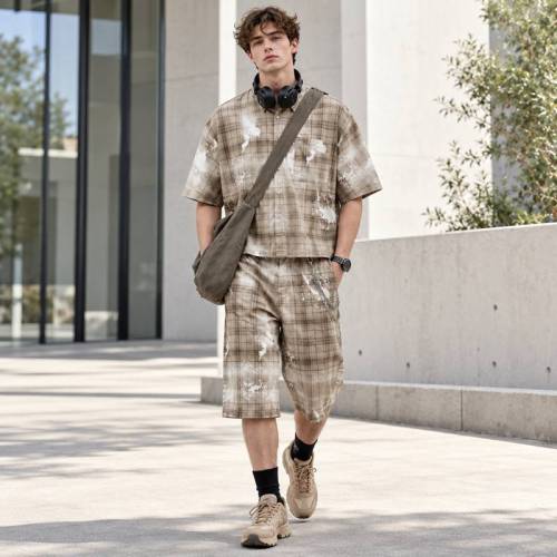 Custom Shorts Set in Washed Khaki Plaid with Matching Shirt