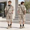 Custom Shorts Set in Washed Khaki Plaid with Matching Shirt