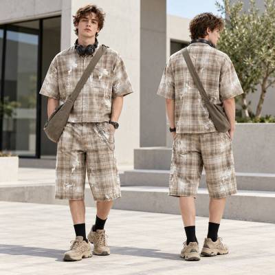 Custom Shorts Set in Washed Khaki Plaid with Matching Shirt