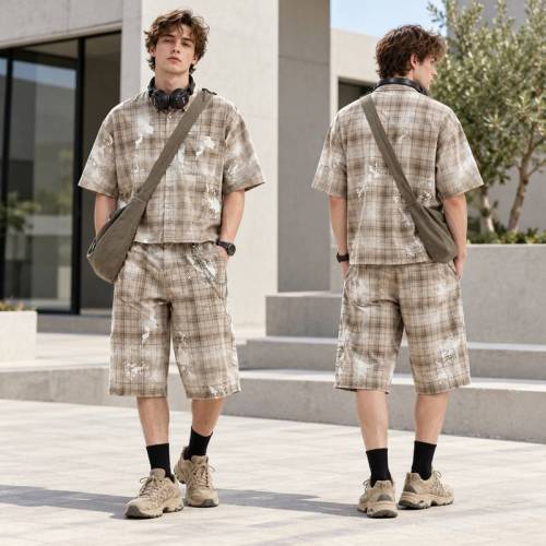 Custom Shorts Set in Washed Khaki Plaid with Matching Shirt