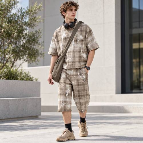 Custom Shorts Set in Washed Khaki Plaid with Matching Shirt