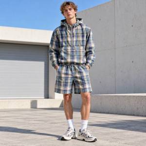 Custom Anorak Jacket in Blue Plaid with Matching Shorts Set