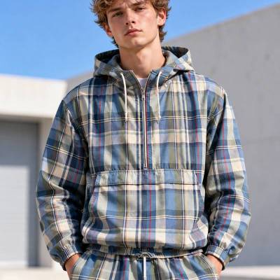 Custom Anorak Jacket in Blue Plaid with Matching Shorts Set