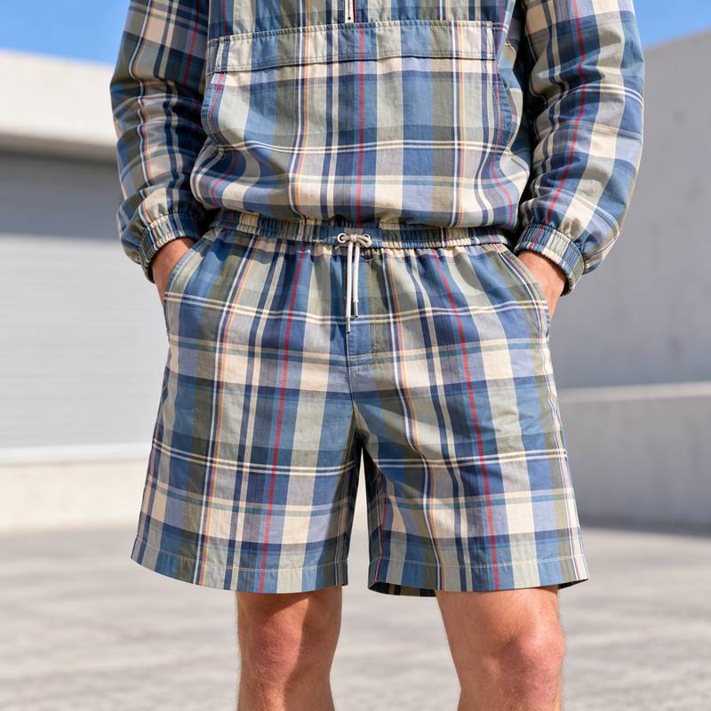 Custom Anorak Jacket in Blue Plaid with Matching Shorts Set