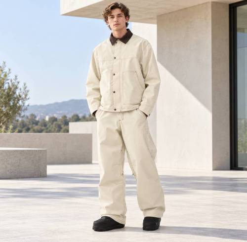 Custom Work Jacket and Wide Leg Pants Set in Cream Canvas