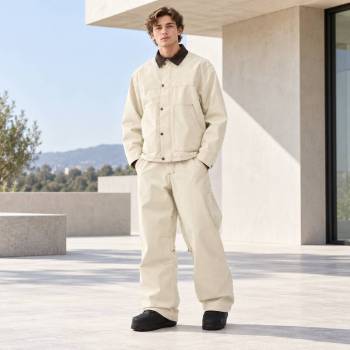 Custom Work Jacket and Wide Leg Pants Set in Cream Canvas