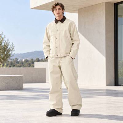 Custom Work Jacket and Wide Leg Pants Set in Cream Canvas