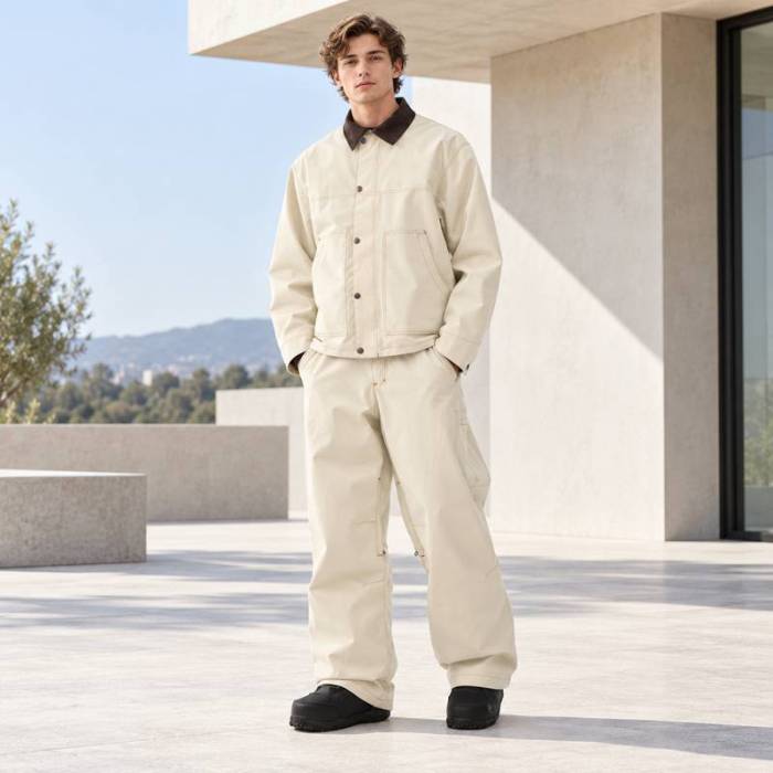 Custom Work Jacket and Wide Leg Pants Set in Cream Canvas