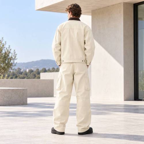 Custom Work Jacket and Wide Leg Pants Set in Cream Canvas