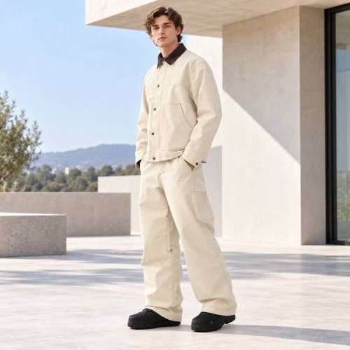 Custom Work Jacket and Wide Leg Pants Set in Cream Canvas