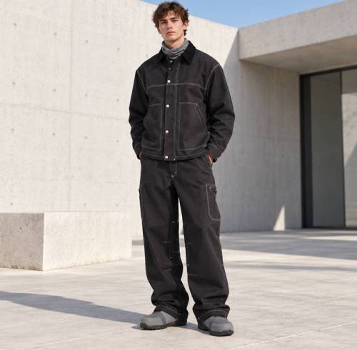 Custom Work Jacket and Wide Leg Pants Set in Black Canvas