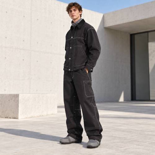 Custom Work Jacket and Wide Leg Pants Set in Black Canvas