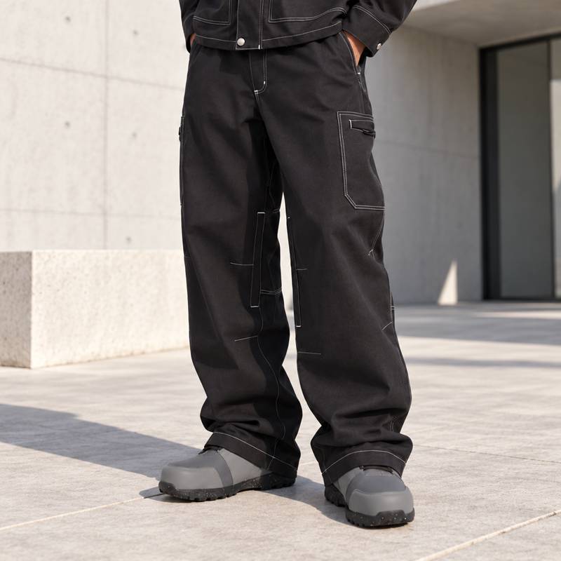 Custom Work Jacket and Wide Leg Pants Set in Black Canvas