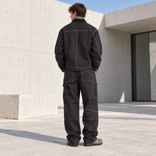 Custom Work Jacket and Wide Leg Pants Set in Black Canvas