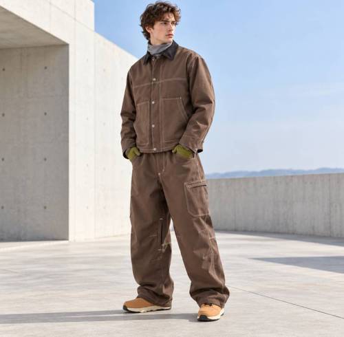 Custom Work Jacket and Wide Leg Pants Set in Brown Canvas
