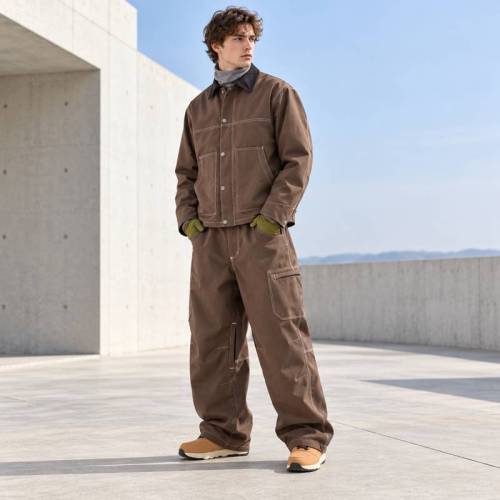 Custom Work Jacket and Wide Leg Pants Set in Brown Canvas