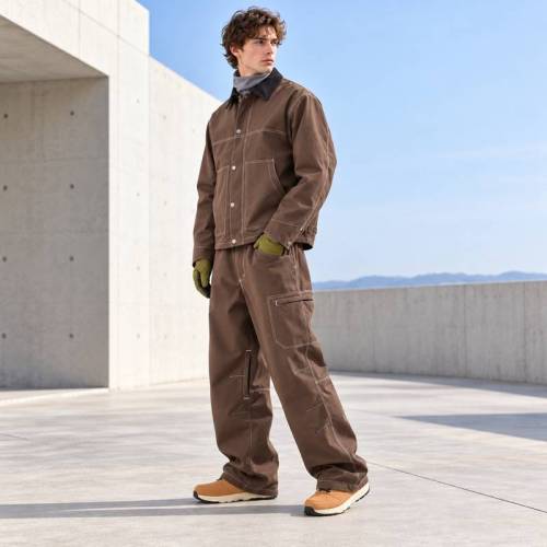 Custom Work Jacket and Wide Leg Pants Set in Brown Canvas