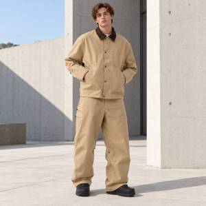 Custom Work Jacket and Wide Leg Pants Set in Khaki Canvas
