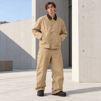 Custom Work Jacket and Wide Leg Pants Set in Khaki Canvas
