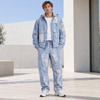 Custom Printed Jacket and Cargo Pants Set in Blue Ripstop