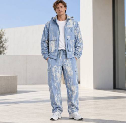 Custom Printed Jacket and Cargo Pants Set in Blue Ripstop