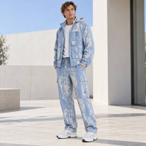 Custom Printed Jacket and Cargo Pants Set in Blue Ripstop