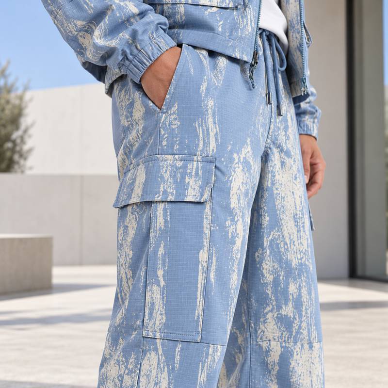 Custom Printed Jacket and Cargo Pants Set in Blue Ripstop