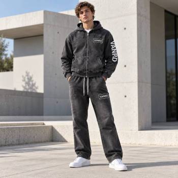 Custom Tracksuits in Washed Black Fleece with Logo Patch