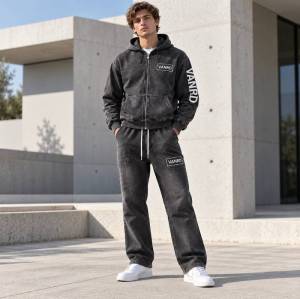 Custom Tracksuits in Washed Black Fleece with Logo Patch